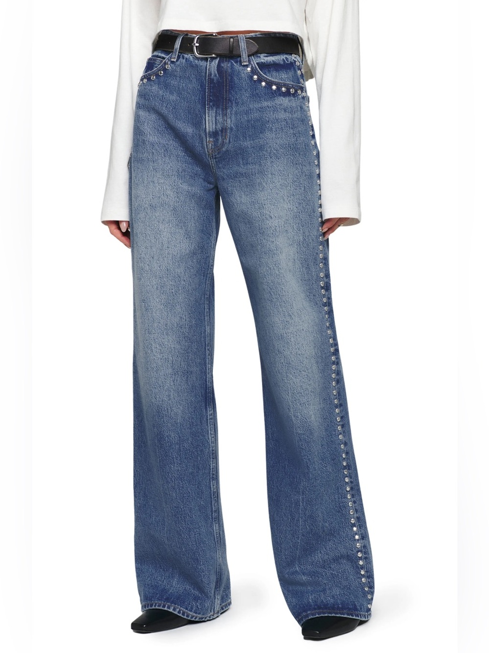 NEW Reformation Cary High Rise Slouchy Wide Leg Jean Chesapeake Studded, Size 29